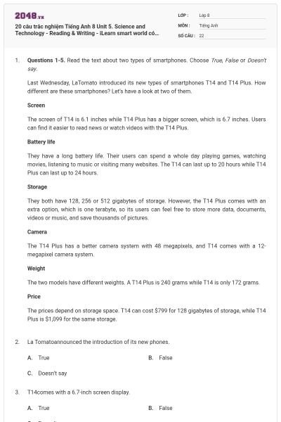 20 câu trắc nghiệm Tiếng Anh 8 Unit 5. Science and Technology - Reading ...