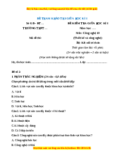 Đề thi Công nghệ 10 giữa kì 1 Kết nối tri thức (Công nghệ thiết kế) - Đề 2