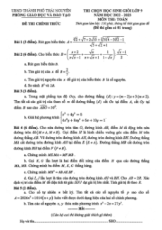 Đề HSG Toán 9 cấp tỉnh - Thái Nguyên năm 2022-2023 có đáp án