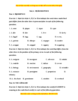 Trắc nghiệm Unit 2: Urbanisation Tiếng Anh 12 chương trình thí điểm