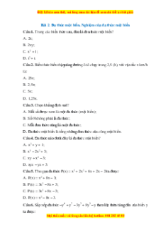 Trắc nghiệm Đa thức một biến. Nghiệm của đa thức Toán 7 Cánh diều