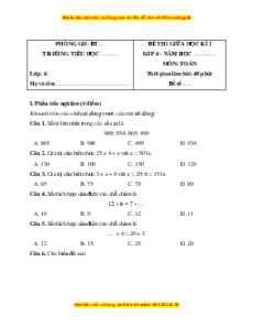 Đề thi giữa kì 1 Toán lớp 4 Chân trời sáng tạo (đề 4)