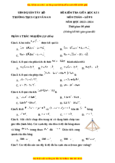 Đề thi giữa kì 1 Toán 8 Cánh diều trường THCS Chu Văn An - Hà Nội