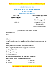 Đề thi Công nghệ 11 cuối kì 2 Cánh diều ( Đề 1 cơ khí cấu trúc mới)