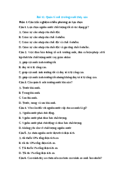 Trắc nghiệm Bài 12: Quản lí môi trường nuôi thủy sản Công nghệ 12 Lâm nghiệp-Thủy sản Cánh diều