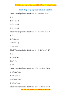 Trắc nghiệm Phép cộng và phép trừ đa thức một biến Toán 7 Kết nối tri thức