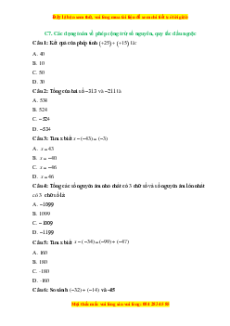 Trắc nghiệm Quy tắc dấu ngoặc Toán 6 Kết nối tri thức