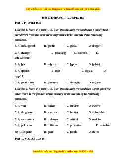 Trắc nghiệm Unit 6: Endangered species Tiếng Anh 12 chương trình thí điểm