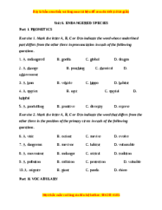 Trắc nghiệm Unit 6: Endangered species Tiếng Anh 12 chương trình thí điểm