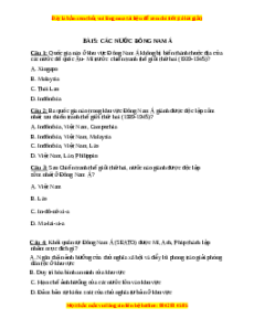 Trắc nghiệm Bài 5: Các nước Đông Nam Á Lịch sử 12