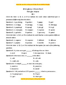 Đề thi giữa kì 2 Tiếng Anh 8 Friends Plus (Đề 1)