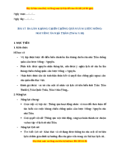 Giáo án Bài 17 Lịch sử 7 Cánh diều (Phiên bản 2): Ba lần kháng chiến chống quân xâm lược Mông - Nguyên của nhà Trần