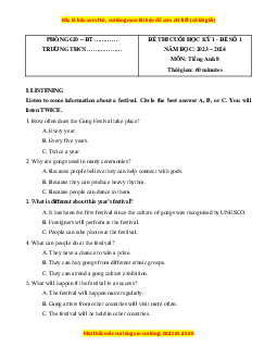 Đề thi cuối kì 1 Tiếng Anh 8 Global success (Đề 1 kèm file nghe)