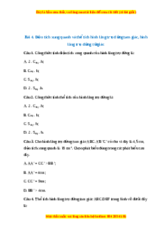 Trắc nghiệm Diện tích xung quanh và thể tích của hình lăng trụ đứng tam giác, lăng trụ đứng tứ giác Toán 7 Chân trời sáng tạo