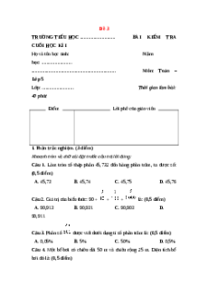 Đề thi cuối kì 1 Toán lớp 5 Cánh diều (Đề 3)