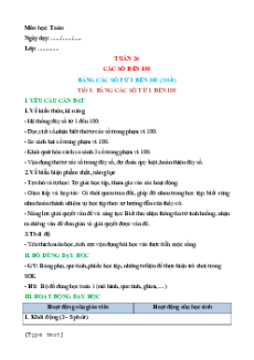 Giáo án Bảng các số từ 1 đến 100 Toán lớp 1 Chân trời sáng tạo