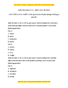Đề thi cuối kì 2 Tiếng Anh lớp 12 trường THPT Nguyễn Trãi năm 2023