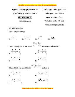 Đề thi giữa kì 1 Toán 7 Chân trời sáng tạo Trường THCS Nguyễn Du - TP HCM