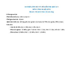 Đề thi cuối kì 1 Công nghệ lớp 3 Kết nối tri thức (Đề 1)