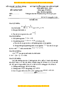 Đề thi vào 10 Toán Tỉnh Quảng Bình năm 2023-2024