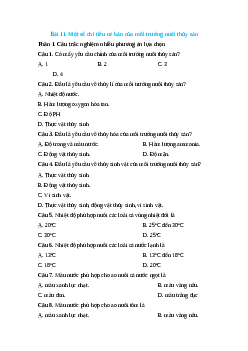 Trắc nghiệm Bài 11: Một số chỉ tiêu cơ bản của môi trường nuôi thủy sản Công nghệ 12 Lâm nghiệp-Thủy sản Cánh diều
