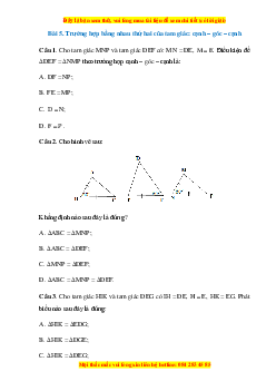 Trắc nghiệm Trường hợp bằng nhau thứ hai của tam giác: cạnh - góc - cạnh Toán 7 Cánh diều