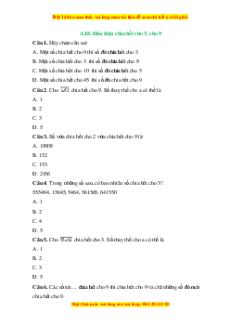 Trắc nghiệm Dấu hiệu chia hết cho 3, cho 9 Toán 6 Chân trời sáng tạo