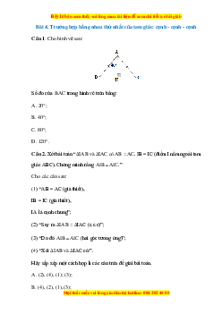 Trắc nghiệm Trường hợp bằng nhau thứ nhất của tam giác: cạnh - cạnh - cạnh Toán 7 Cánh diều