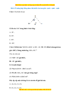 Trắc nghiệm Trường hợp bằng nhau thứ nhất của tam giác: cạnh - cạnh - cạnh Toán 7 Cánh diều