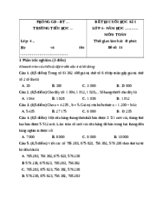 Đề thi cuối kì 1 Toán lớp 4 Kết nối tri thức - Đề 11