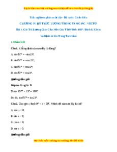Trắc nghiệm Giá trị lượng giác của một góc từ 00 đến 1800. Định lý côsin và định lý sin trong tam giác Toán 10 Cánh diều
