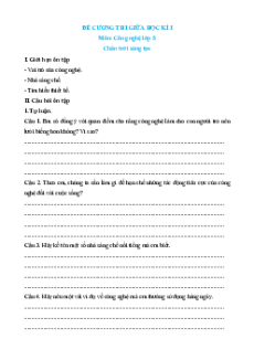 Đề cương ôn tập Giữa kì 1 Công nghệ lớp 5 Chân trời sáng tạo