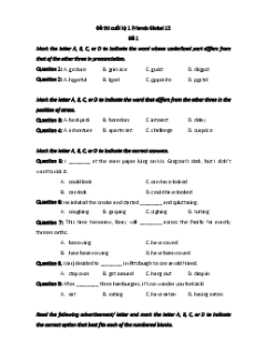 Bộ 10 đề thi Cuối kì 1 Tiếng Anh 12 Friends global có đáp án