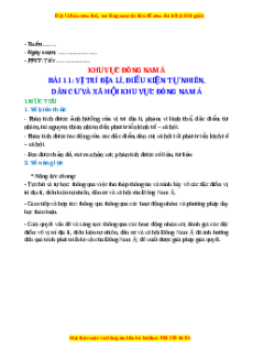 Giáo án Bài 11 Địa lí 11 Kết nối tri thức (2024): Vị trí địa lý, điều kiện tự nhiên, dân cư và xã hội khu vực Đông Nam Á