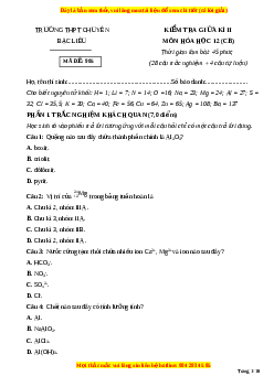 Đề thi giữa kì 2 Hóa học 12 trường THPT Chuyên Bạc Liêu năm 2023
