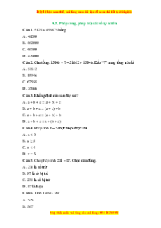 Trắc nghiệm Phép cộng, phép trừ các số tự nhiên Toán 6 Cánh diều