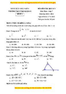 Đề thi cuối kì 1 Toán 7 trường THCS Thanh Quan Hà Nội - Đề số 1