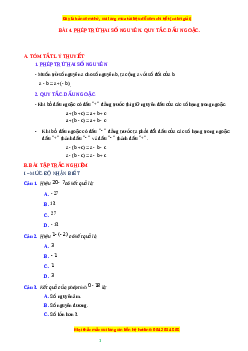 Chuyên đề Phép trừ số nguyên. Quy tắc dấu ngoặc Toán 6 Cánh diều