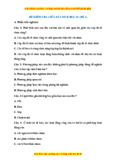 Đề thi giữa kì 1 Sinh học 10 Chân trời sáng tạo (đề 2)