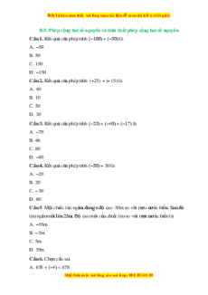 Trắc nghiệm Phép cộng và phép trừ hai số nguyên Toán 6 Chân trời sáng tạo