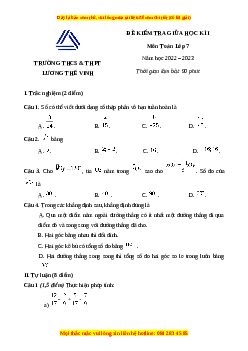 Đề thi giữa kì 1 Toán 7 Kết nối tri thức THCS Lương Thế Vinh - Hà Nội