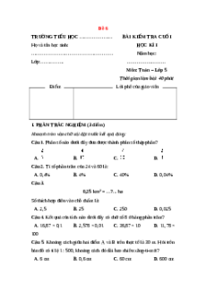 Đề thi cuối kì 1 Toán lớp 5 Cánh diều (Đề 6)