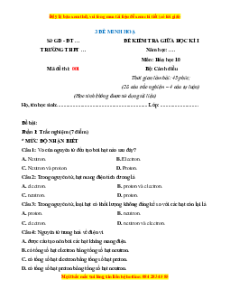 Đề thi giữa kì 1 Hóa học 10 Cánh diều (đề 1)