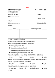 Đề thi Cuối kì 1 Toán lớp 5 Kết nối tri thức (Đề 3)