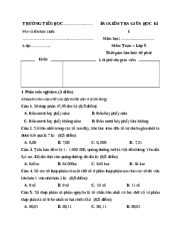 Đề thi giữa kì 1 Toán lớp 5 Chân trời sáng tạo (Đề 1)