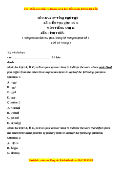 Đề thi giữa kì 2 Tiếng Anh 12 Phòng GD-ĐT tỉnh Phú Thọ năm 2023