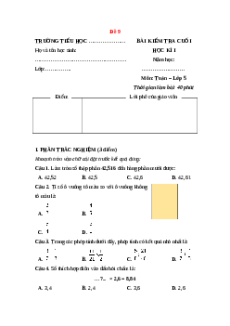 Đề thi Cuối kì 1 Toán lớp 5 Chân trời sáng tạo (Đề 9)