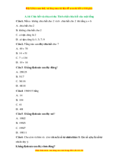 Trắc nghiệm Chia hết và chia có dư. Tính chất chia hết của một tổng Toán 6 Chân trời sáng tạo