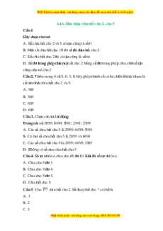 Trắc nghiệm Dấu hiệu chia hết cho 2, cho 5 Toán 6 Chân trời sáng tạo