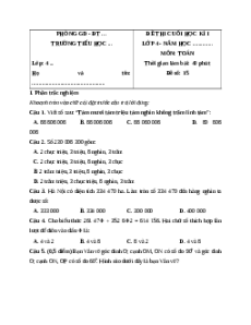 Đề thi cuối kì 1 Toán lớp 4 Cánh diều - Đề 15